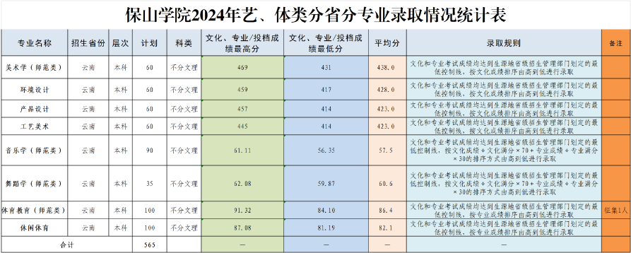 保山学院2024艺术体育类分省分专业录取情况统计表