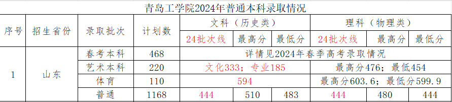 青岛工学院艺术体育类分数线